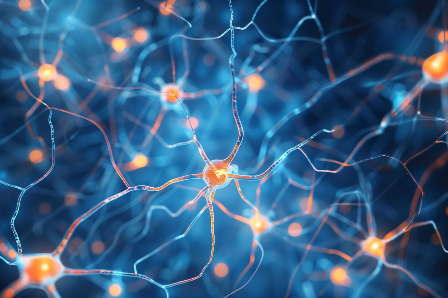 Glowing blue and orange 3D illustration of neurons and synaptic connections