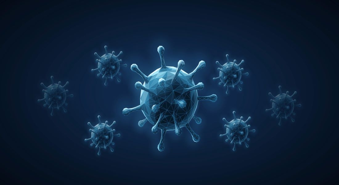 Blue low-poly 3D render of virus particles on a dark background