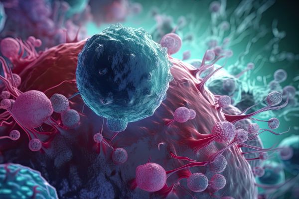 Colorful 3D microscopic illustration of a cell with pink and teal structures