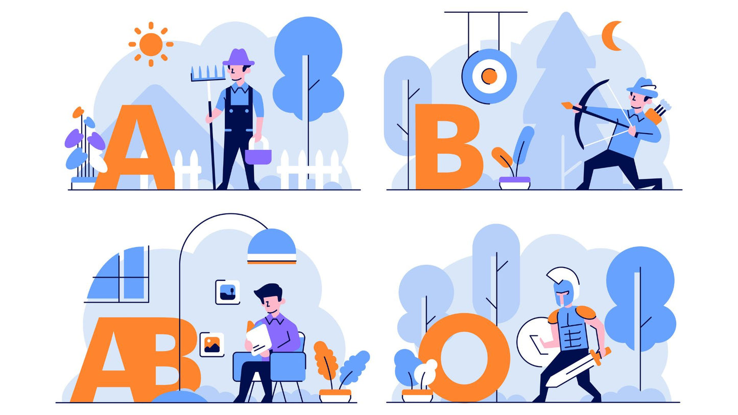 Flat illustration of the four Blood Type Diet archetypes—A farmer, B hunter, AB humanist, and O warrior