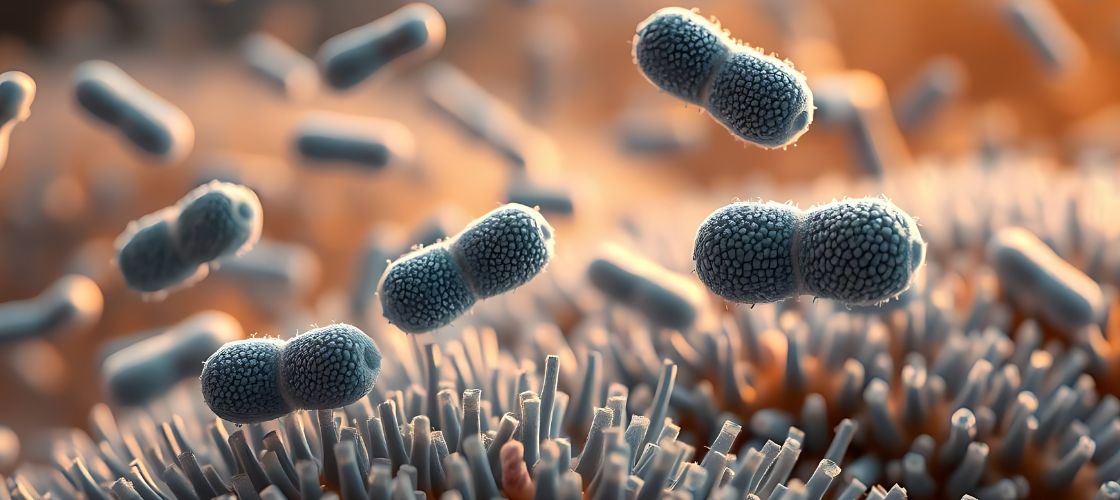 3D microscopic render of rod-shaped gut bacteria above the intestinal lining