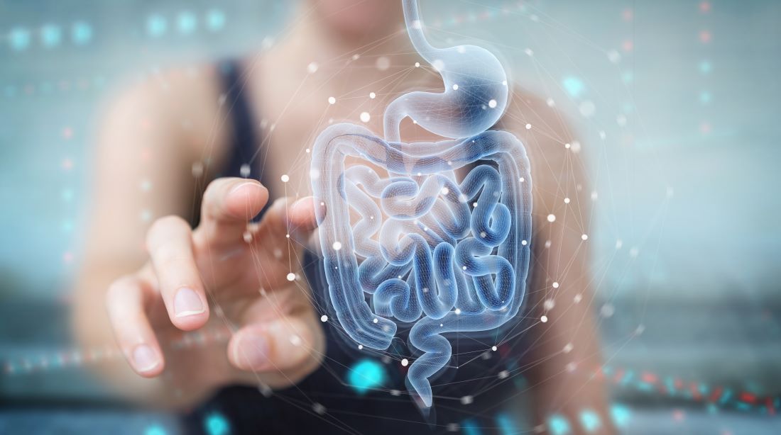 Person touching a glowing 3D illustration of the digestive tract, representing gut health and energy