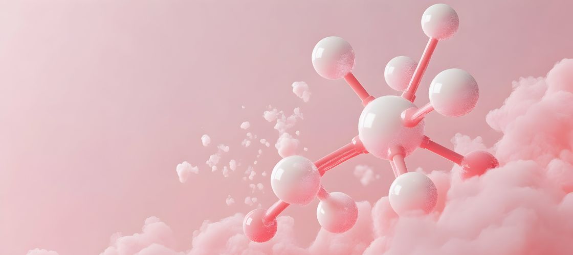 3D render of a white-and-pink molecule model floating among soft pink clouds