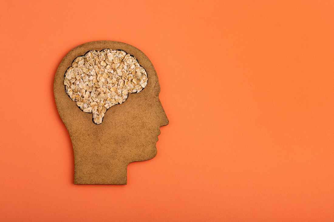 Wooden silhouette of a head in profile with the brain area filled with oats, on an orange background