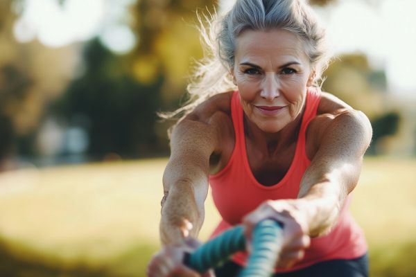 Older woman in a coral tank top pulling a battle rope during an outdoor workout