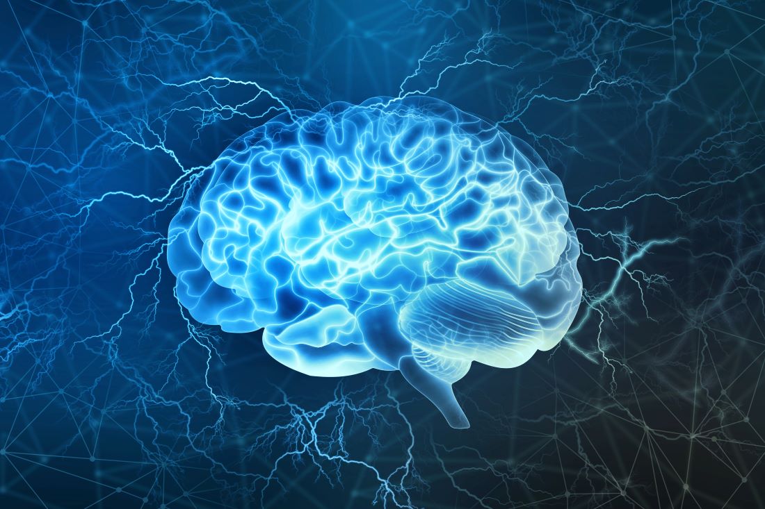 Glowing blue 3D brain with electrical energy radiating on a dark background