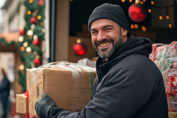 Smiling man in a beanie carrying a box at a festive holiday setting with lights