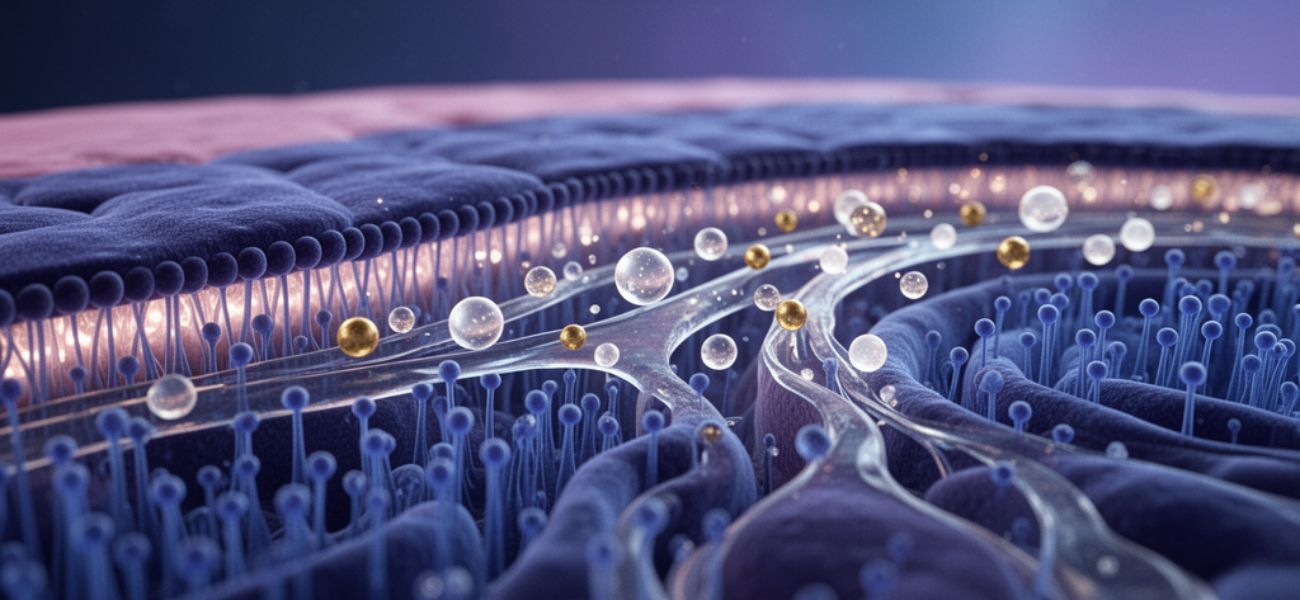 3D illustration of a cell membrane with nutrient particles, representing cellular nutrition that supports eye health