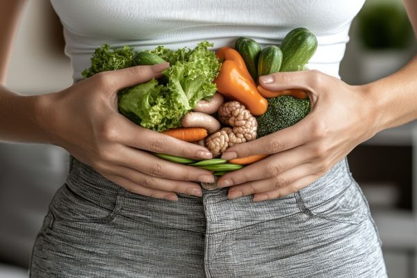 Woman cupping a handful of fresh vegetables over her stomach