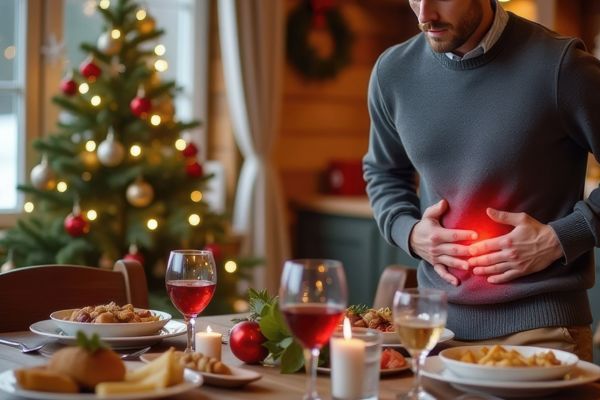 Man at a holiday dinner table holding his stomach, Christmas tree behind him