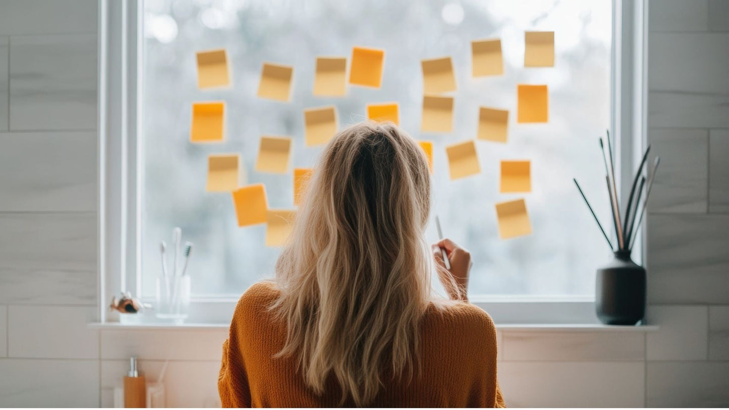 Woman writing on yellow sticky notes arranged on a bright window, seen from behind