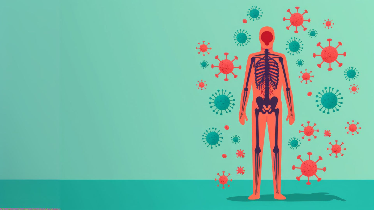 Flat illustration of a human figure surrounded by red and teal virus particles