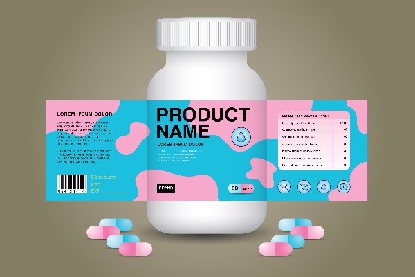 Generic white-label supplement bottle mockup with a placeholder Product Name label and capsules