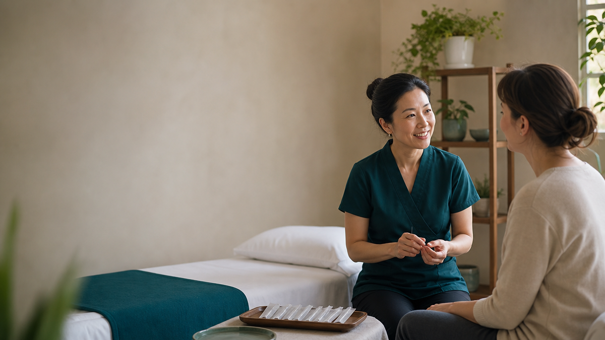 Acupuncturist talking with a patient in a calm treatment room